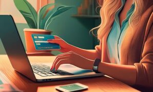 Online Payment Processing; woman working with laptop at home, closeup