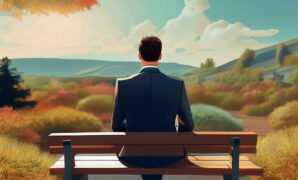 Remote Business Environment; a man sits on a wooden bench