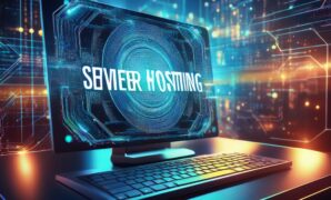 Server Hosting inscription; modern web technologies at the computer screen