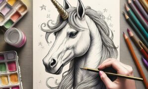 realistic sketching with a brush; hand drawn illustration of unicorn; with hand holding pencil and w