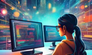 website server design concept; young girl in front of computer